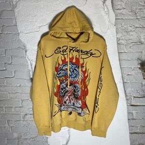 Ed Hardy Tiger Flame Graphic Y2K Hoodie Yellow Streetwear Mens Large